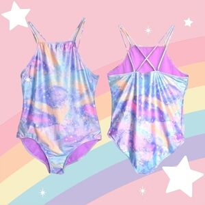 Girls Mermaid Shimmer Pastel Colors One-Piece Swimsuit Crisscross Back 14/16
